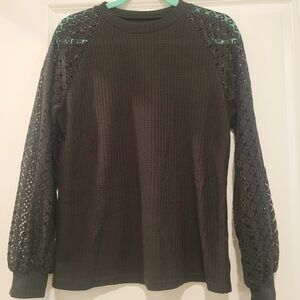 SHEIN Black Textured Top with Lace Sleeves